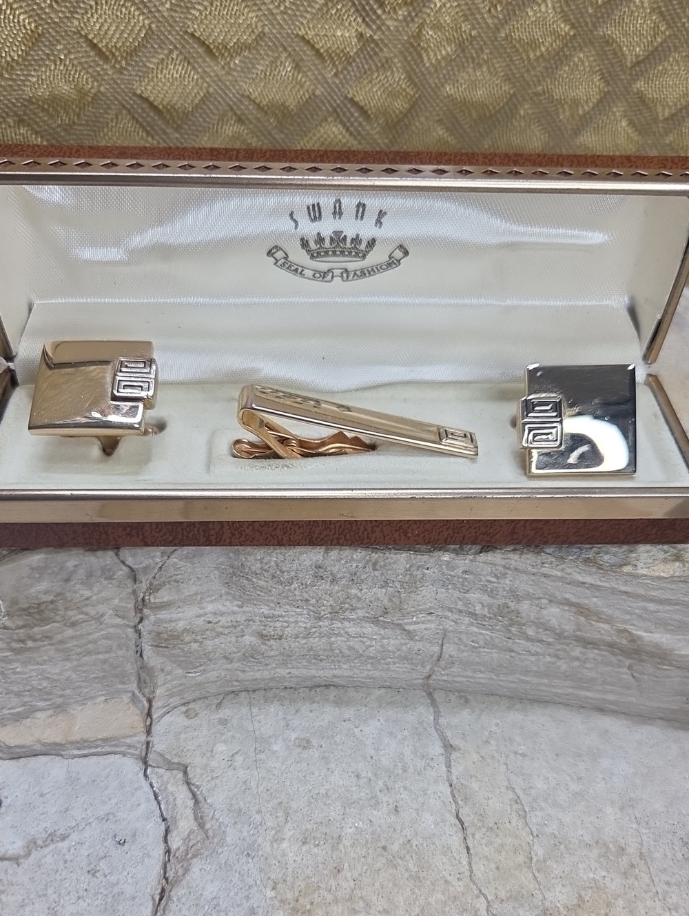 Vintage SWANK Gold-Tone Cufflink and Tie Clip Set In Box
